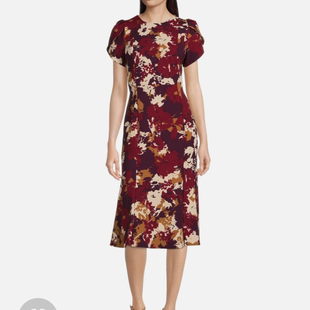 Floral Print Short Tulip Sleeve Jewel Neck Scuba Crepe Fit and Flare Midi